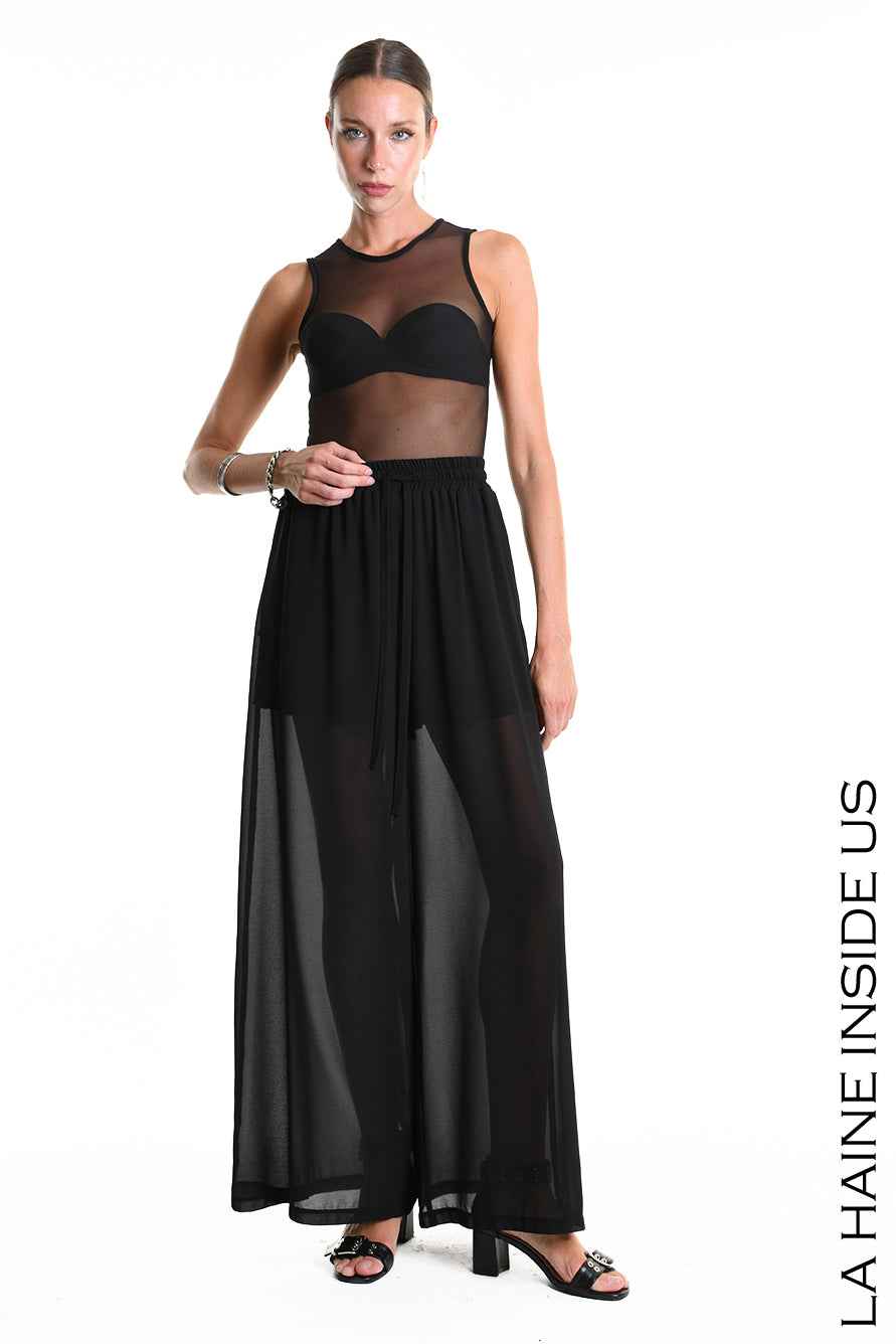 4B W5338 TROUSERS Palazzo in Georgette & Viscose Jersey Black