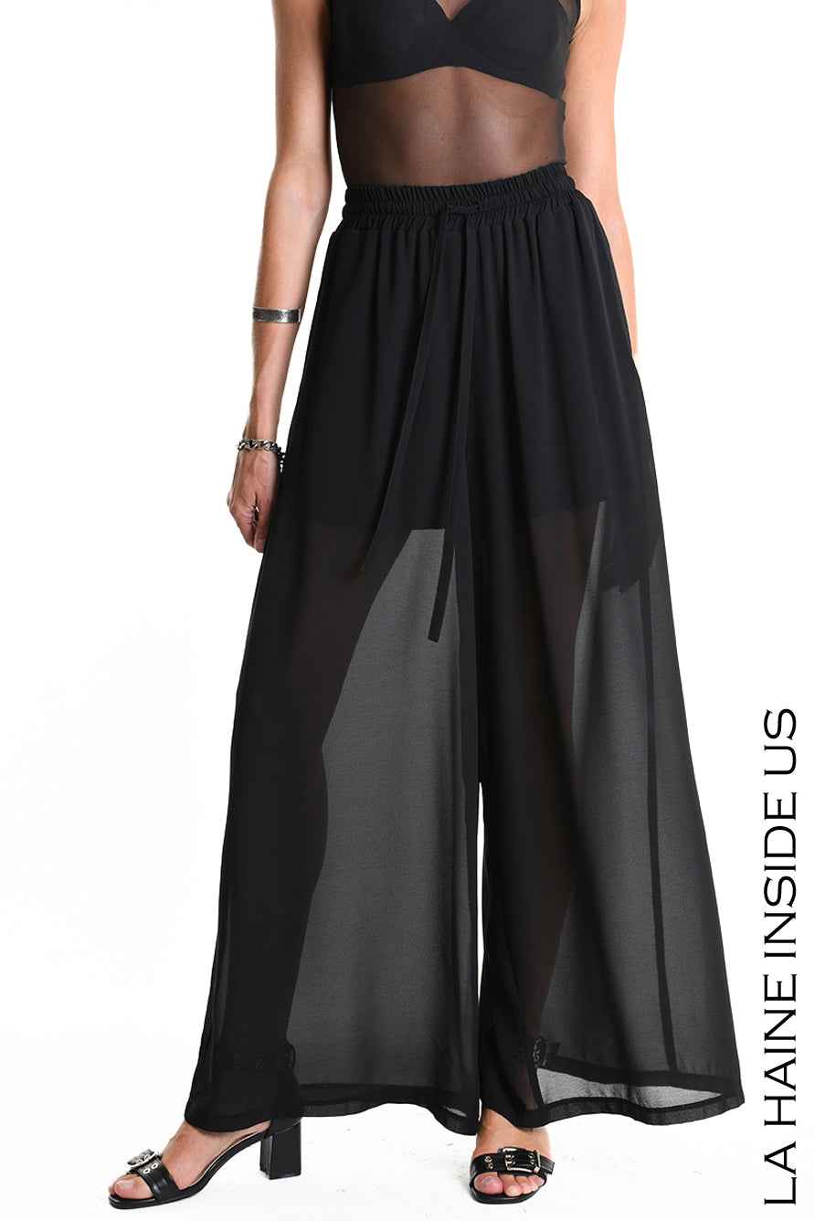 4B W5338 TROUSERS Palazzo in Georgette & Viscose Jersey Black