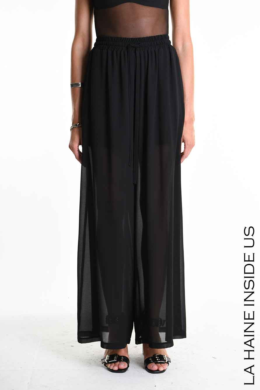 4B W5338 TROUSERS Palazzo in Georgette & Viscose Jersey Black