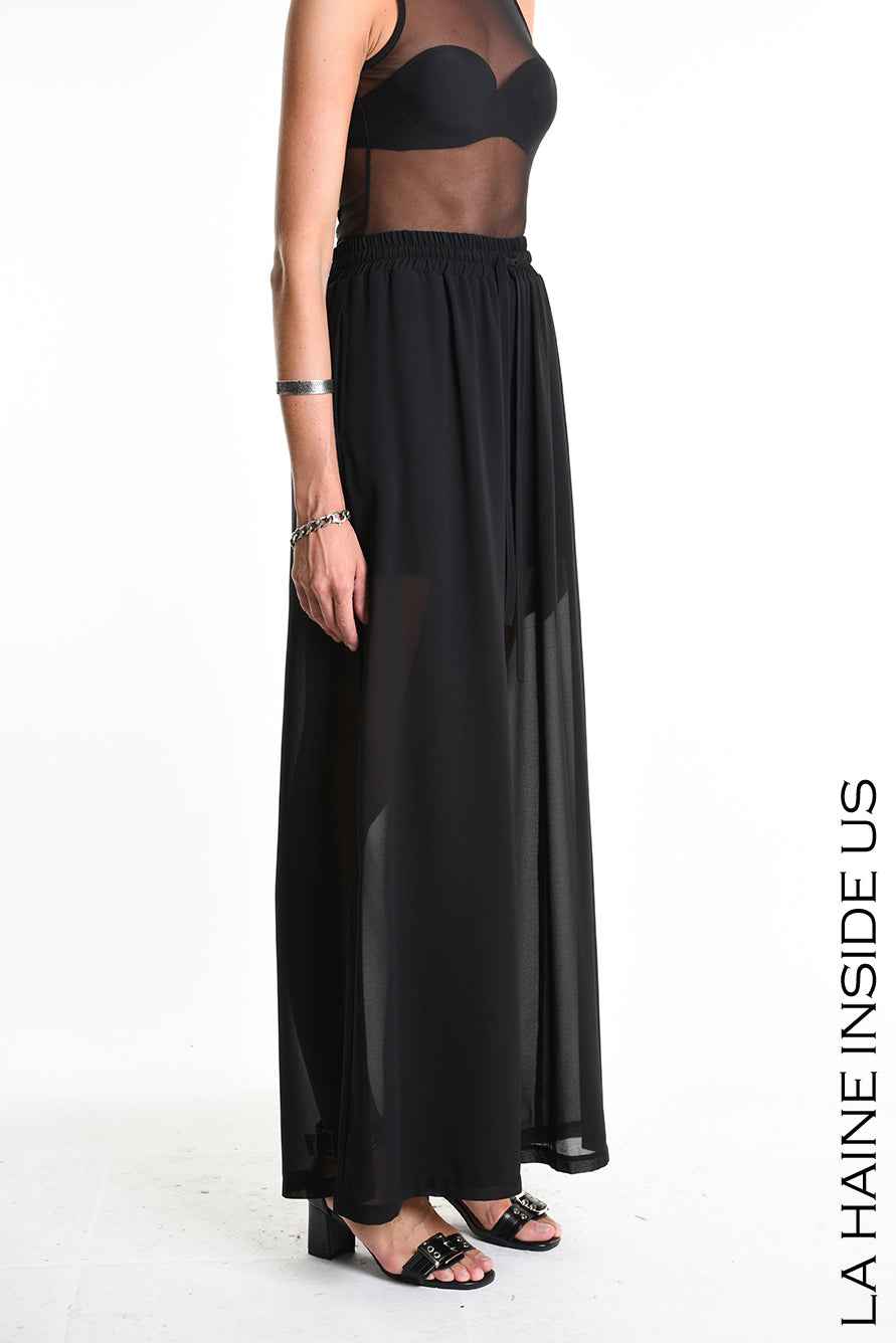 4B W5338 TROUSERS Palazzo in Georgette & Viscose Jersey Black