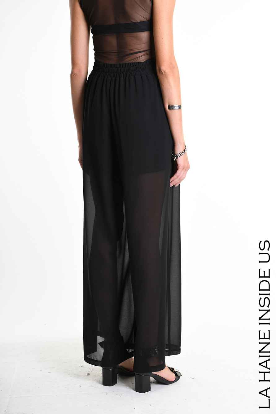 4B W5338 TROUSERS Palazzo in Georgette & Viscose Jersey Black