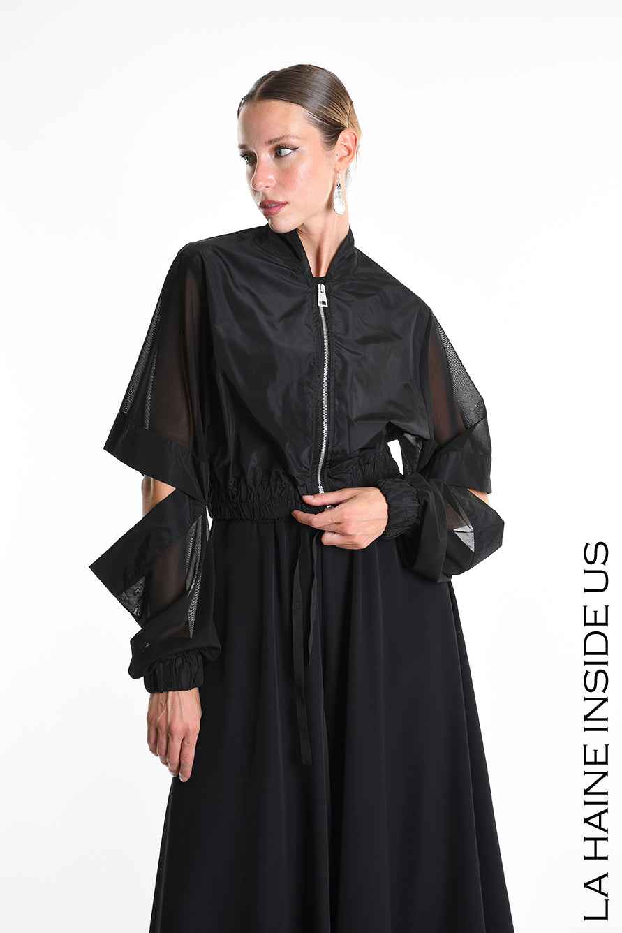 4B W5361 BOMBER Over-Crop in Unlined Nylon & Tulle Stretch Black
