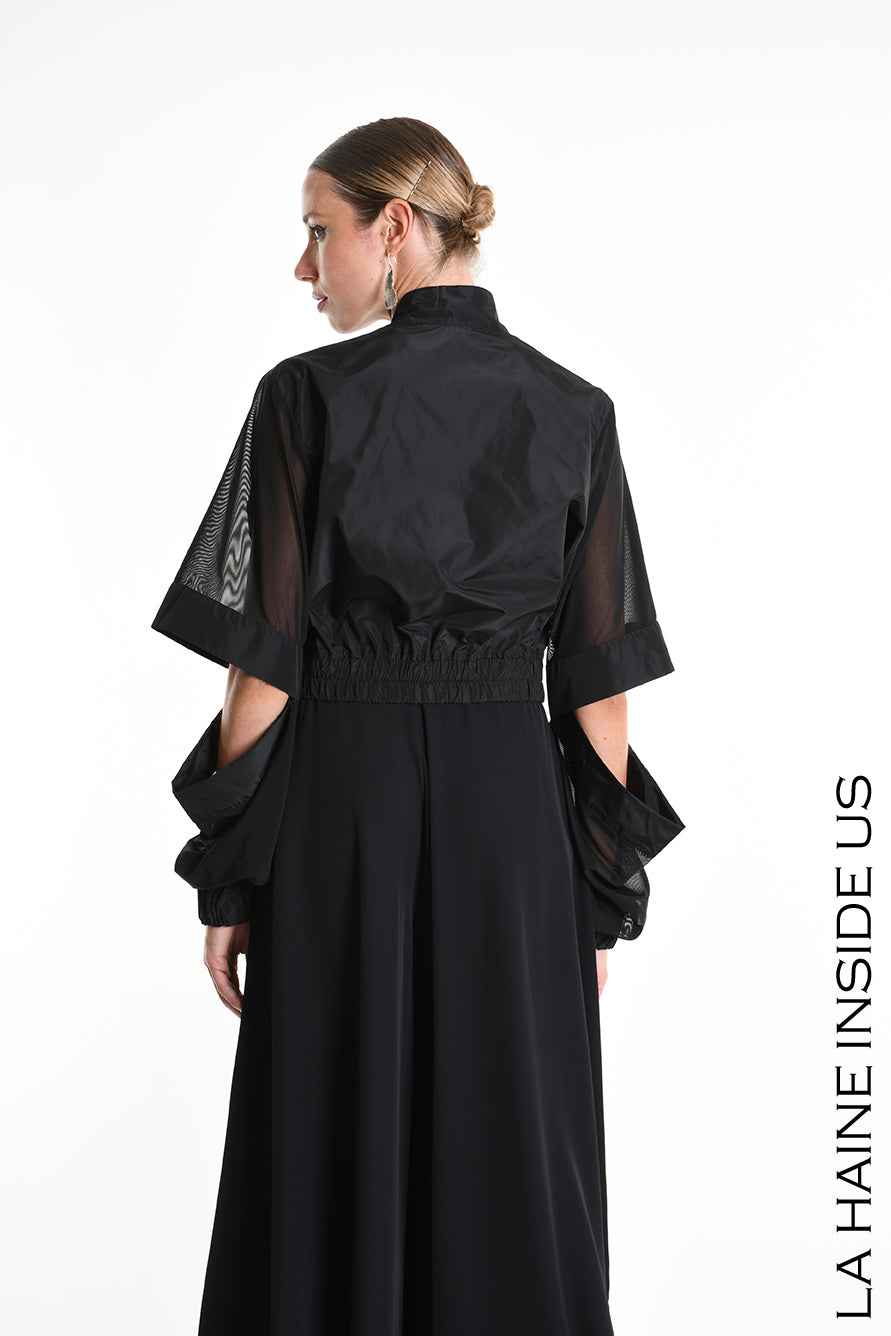 4B W5361 BOMBER Over-Crop in Unlined Nylon & Tulle Stretch Black