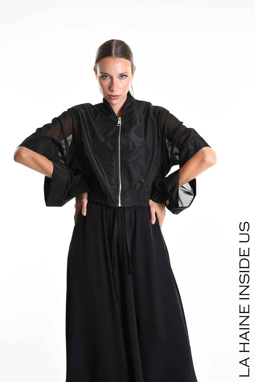 4B W5361 BOMBER Over-Crop in Unlined Nylon & Tulle Stretch Black