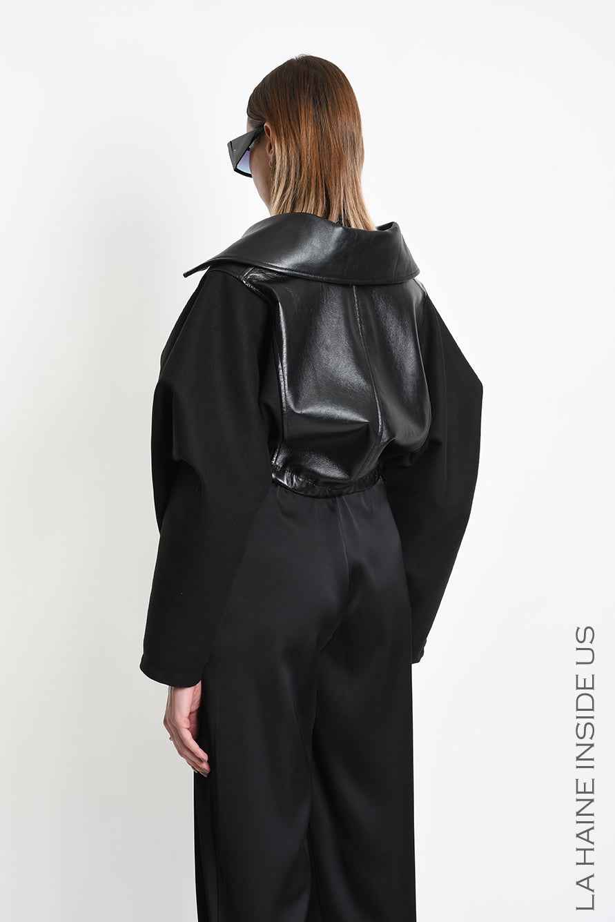 4B W5472 SPORT JACKET Over Crop Nappa Leather & Cloth Lined Black
