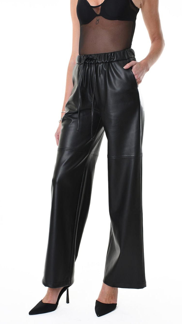 A34G LW84625 TROUSER Wide Faux Leather Stretch Black