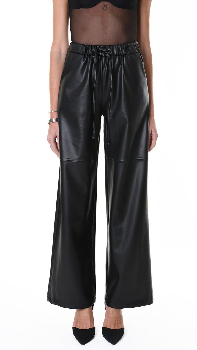 A34G LW84625 TROUSER Wide Faux Leather Stretch Black