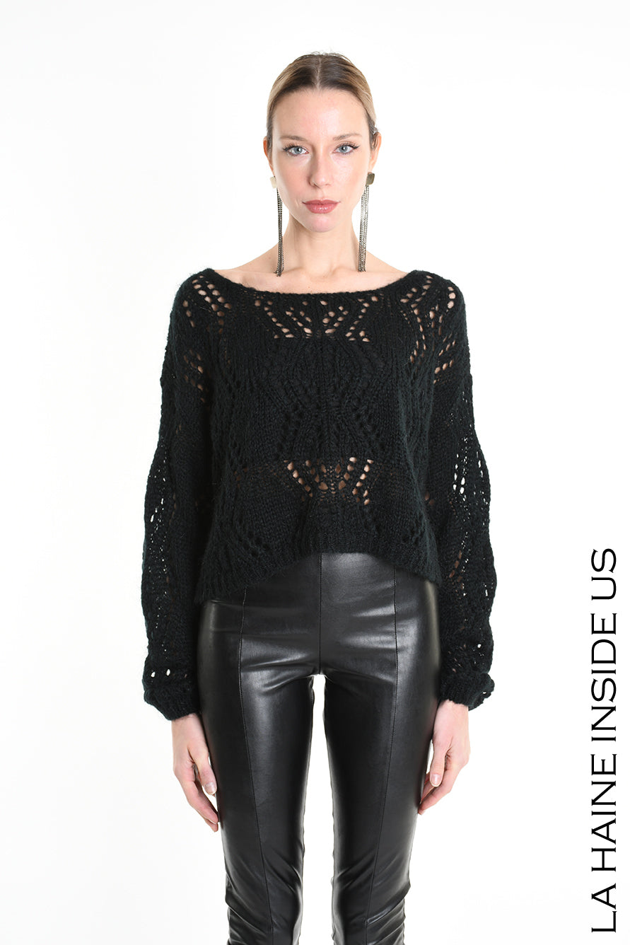 LA HAINE 4K W5130 Oversized Asymmetrical Knitwear - Grey & Black Perforated Mohair Blend Gauge 3 Women's - TEPHRA