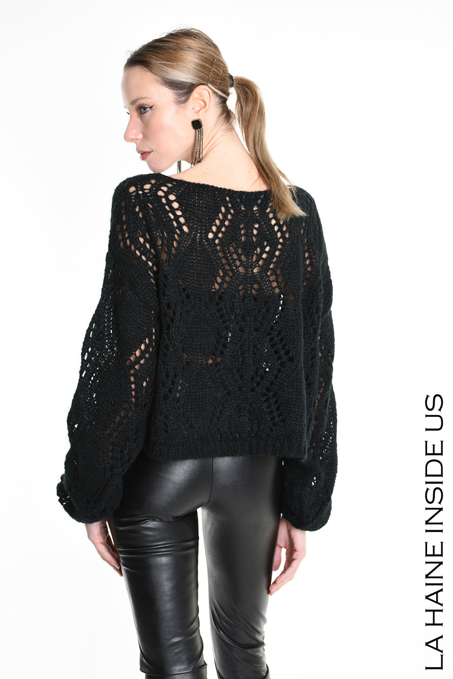 LA HAINE 4K W5130 Oversized Asymmetrical Knitwear - Grey & Black Perforated Mohair Blend Gauge 3 Women's - TEPHRA