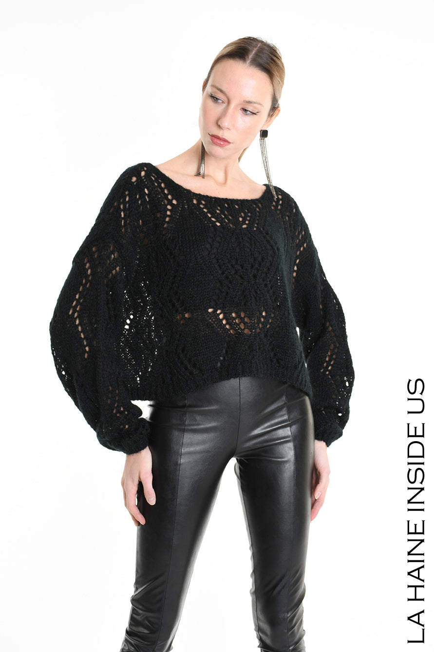 LA HAINE 4K W5130 Oversized Asymmetrical Knitwear - Grey & Black Perforated Mohair Blend Gauge 3 Women's - TEPHRA