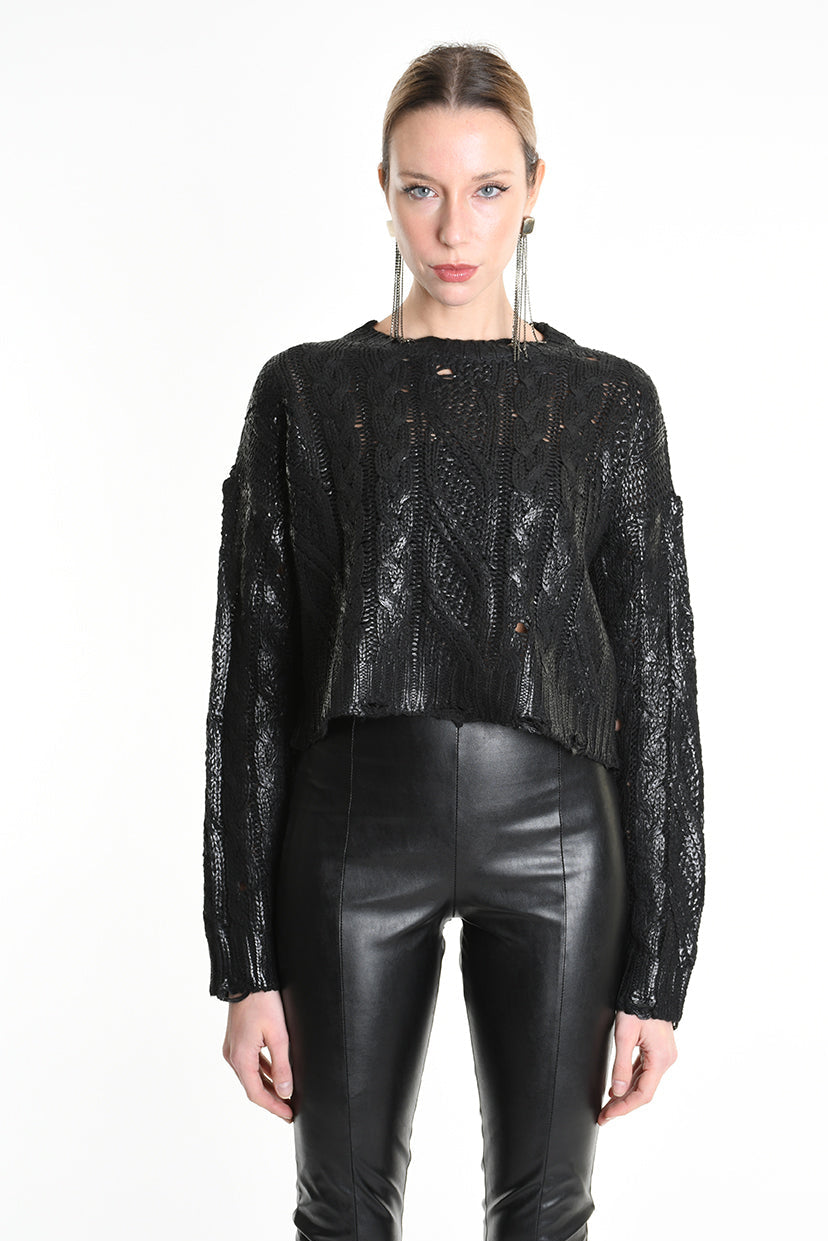 4K W5136 CROPPED CABLE-KNIT SWEATER Gauge 3 Black LA HAINE INSIDE US