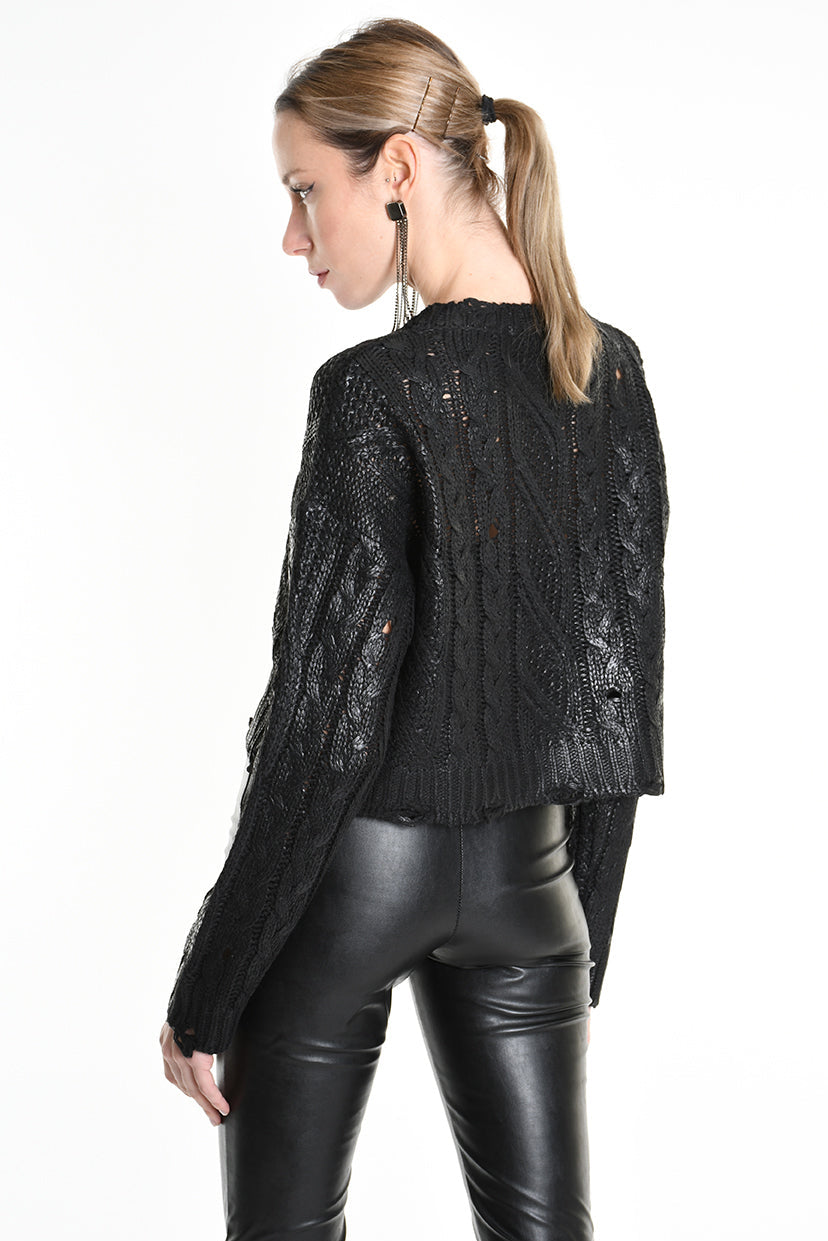 4K W5136 CROPPED CABLE-KNIT SWEATER Gauge 3 Black LA HAINE INSIDE US