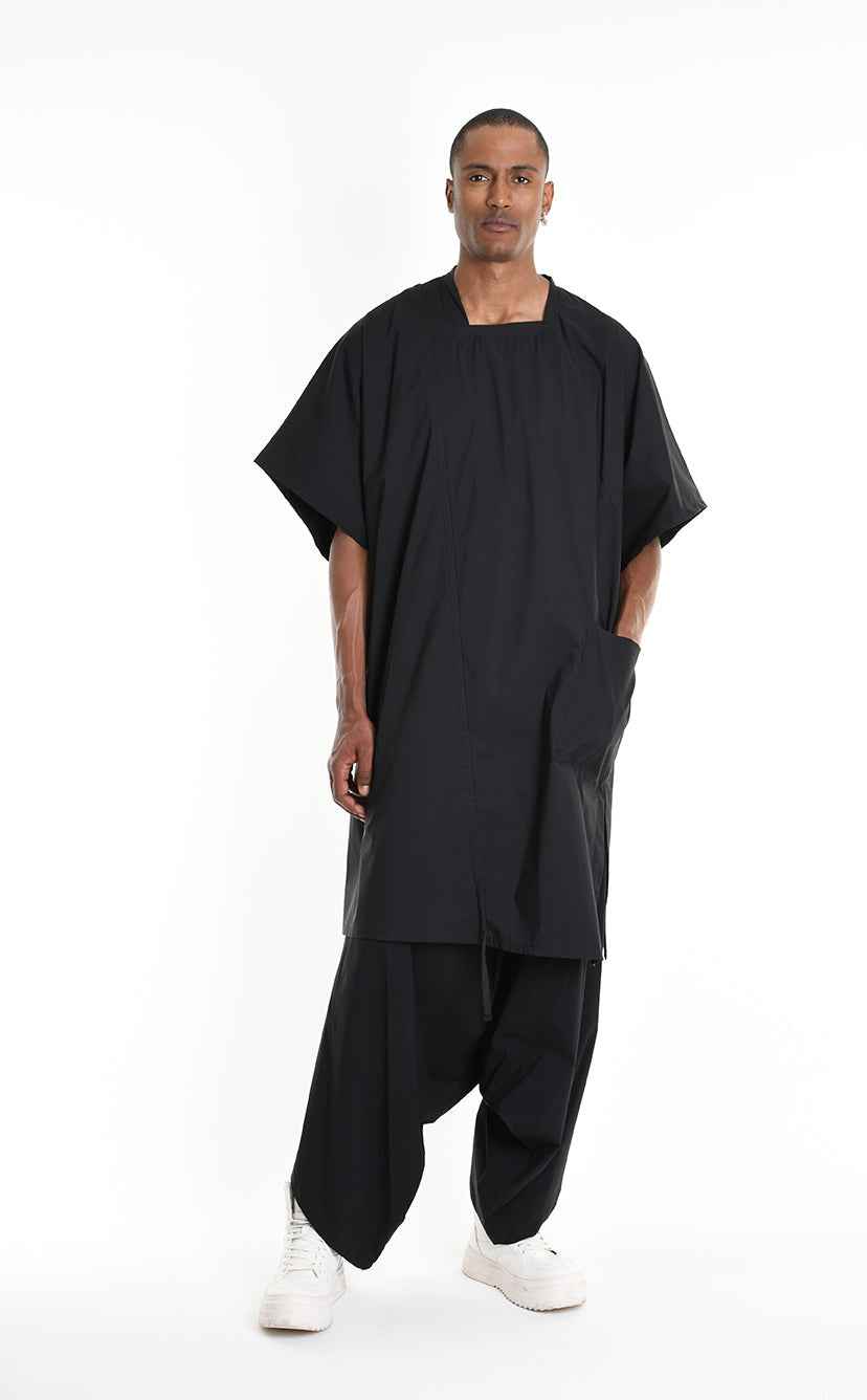 LA HAINE INSIDE US W5308 T-Shirt - Black Asymmetric Oversized Stretch Popeline Cotton Unisex Italian