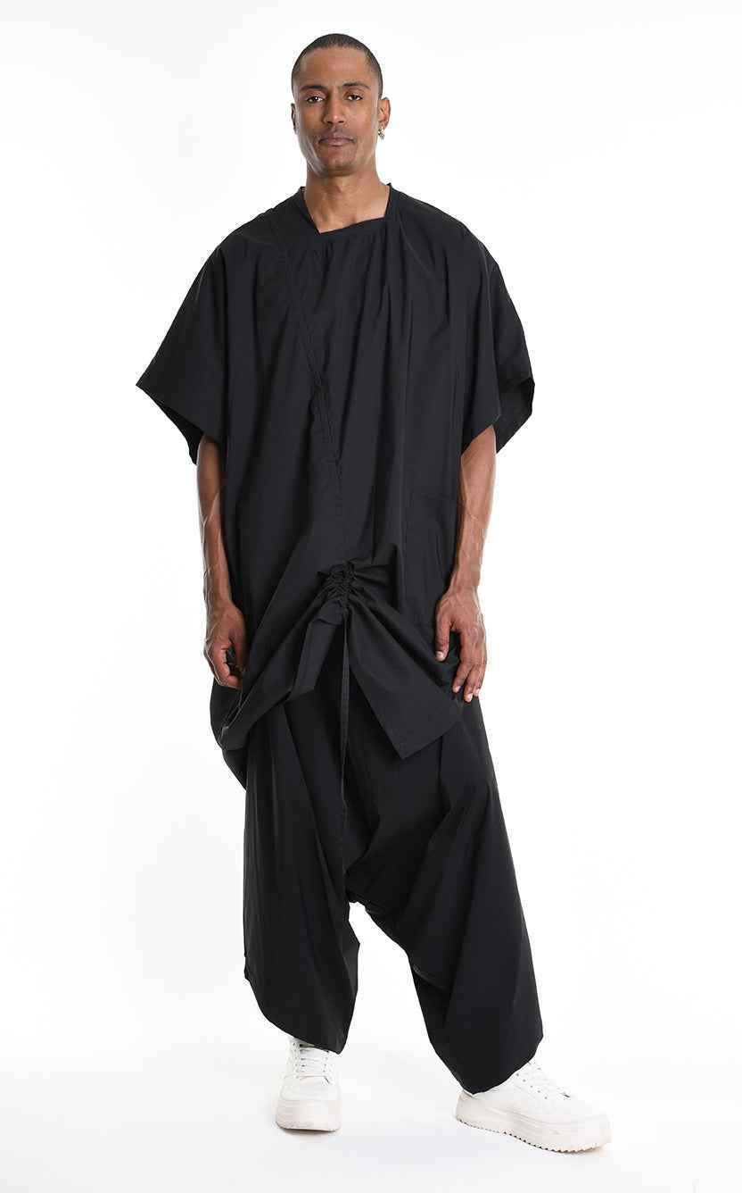 LA HAINE INSIDE US W5308 T-Shirt - Black Asymmetric Oversized Stretch Popeline Cotton Unisex Italian