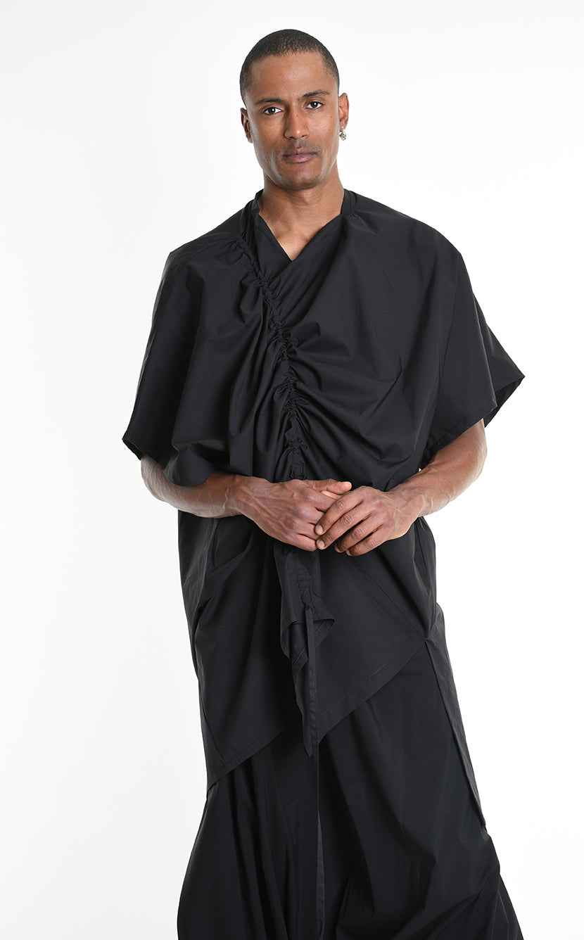 LA HAINE INSIDE US W5308 T-Shirt - Black Asymmetric Oversized Stretch Popeline Cotton Unisex Italian