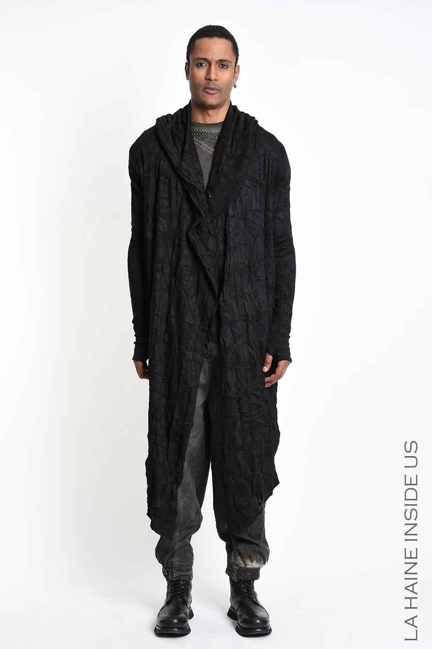 4M W5446 Cardigan - Black Wrinkled Jersey Multifunctional Hooded Unisex LA HAINE INSIDE US