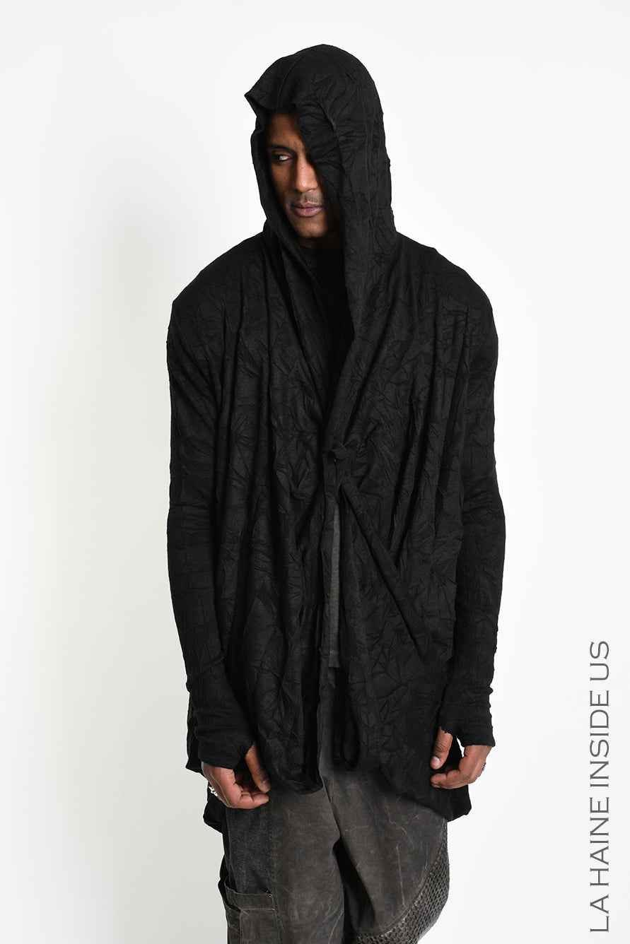 4M W5446 Cardigan - Black Wrinkled Jersey Multifunctional Hooded Unisex LA HAINE INSIDE US