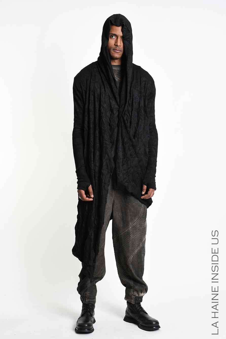 4M W5446 Cardigan - Black Wrinkled Jersey Multifunctional Hooded Unisex LA HAINE INSIDE US