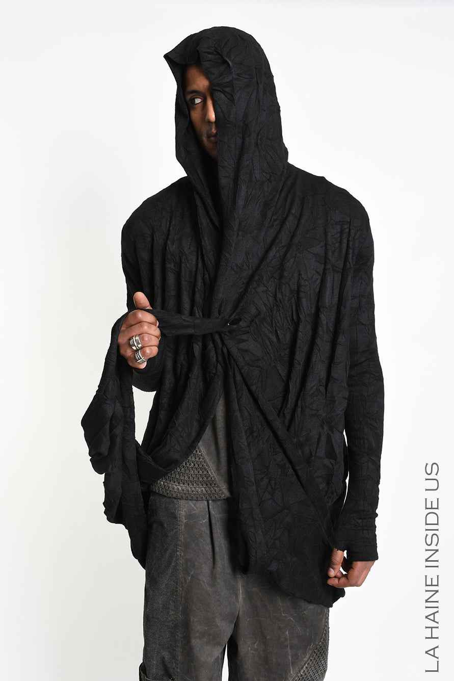 4M W5446 Cardigan - Black Wrinkled Jersey Multifunctional Hooded Unisex LA HAINE INSIDE US