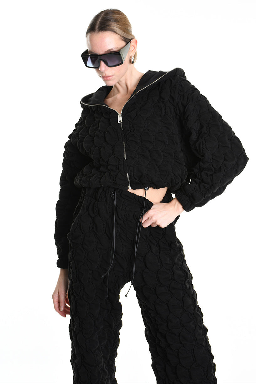 4M W5198 BOMBER Over Crop Jersey Embossed & Stretch Fleece Black LA HAINE INSIDE US