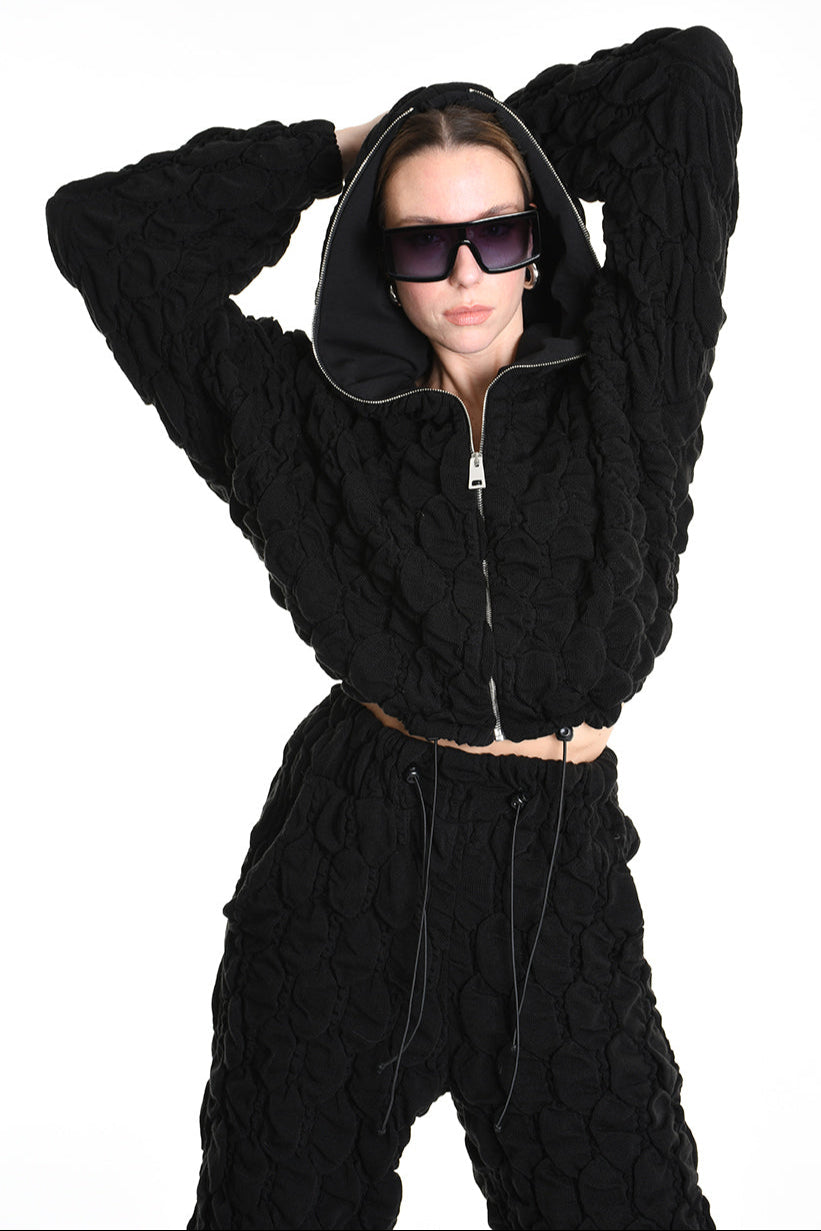 4M W5198 BOMBER Over Crop Jersey Embossed & Stretch Fleece Black LA HAINE INSIDE US