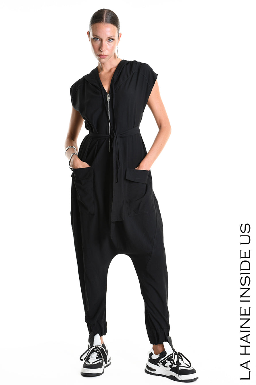 4M W5348 JUMPSUIT Over Fluid Viscose Embossed Black