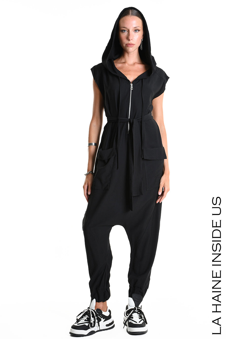 4M W5348 JUMPSUIT Over Fluid Viscose Embossed Black