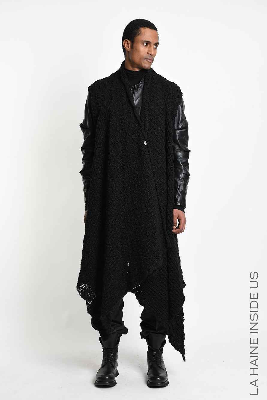 4M W5521 Gilet - Black Asymmetric Braided Bouclé Wool-Blend Knit Vest Unisex LA HAINE INSIDE US