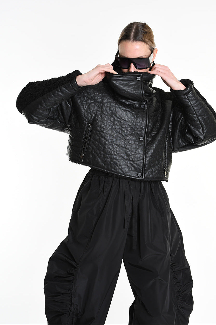 4P W5219 JACKET Crop Eco Leather & Wool Black LA HAINE INSIDE US