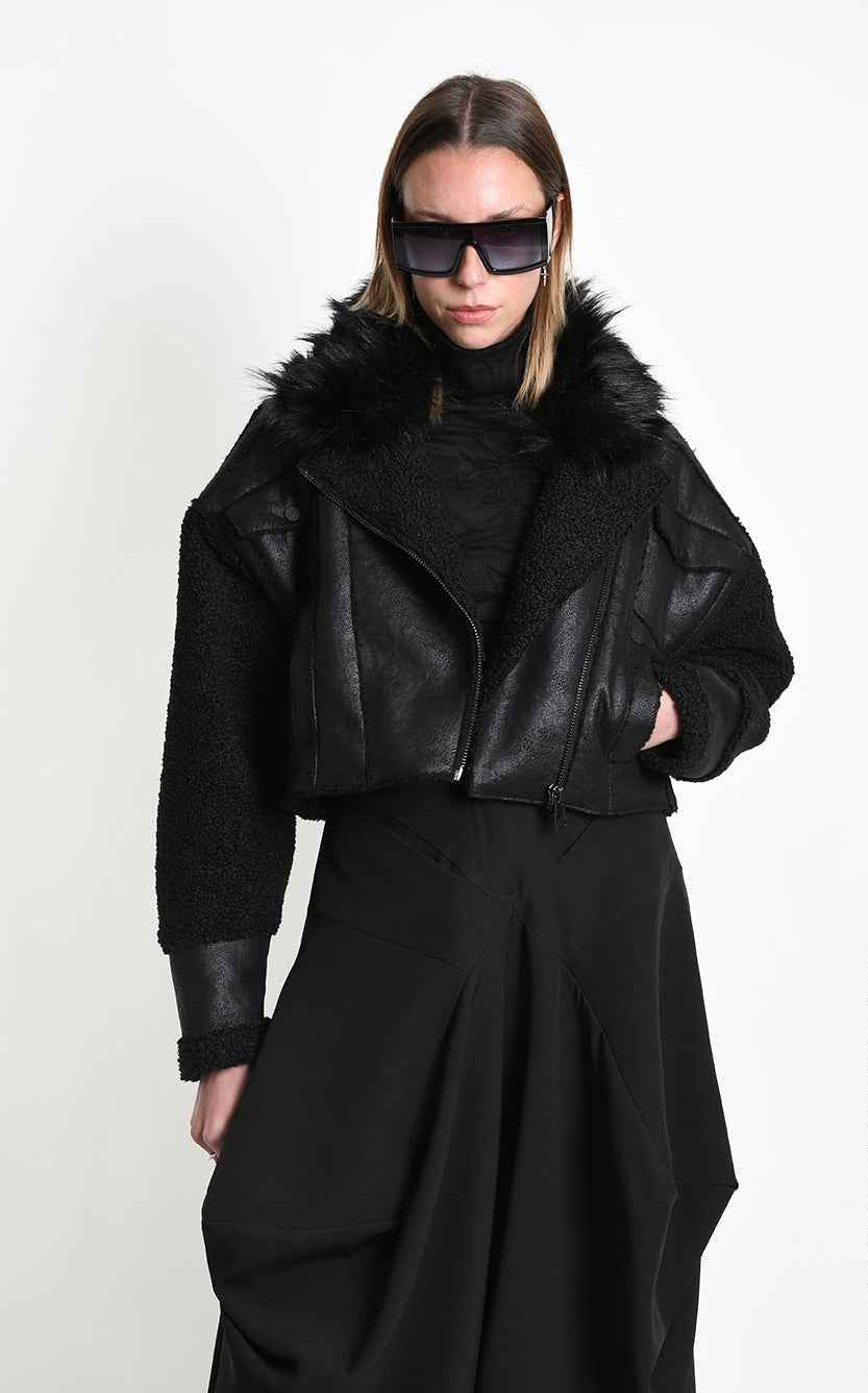 4P W5523 SPORT JACKET Over Crop Faux Sheepskin Doubleface & Faux Fur Black