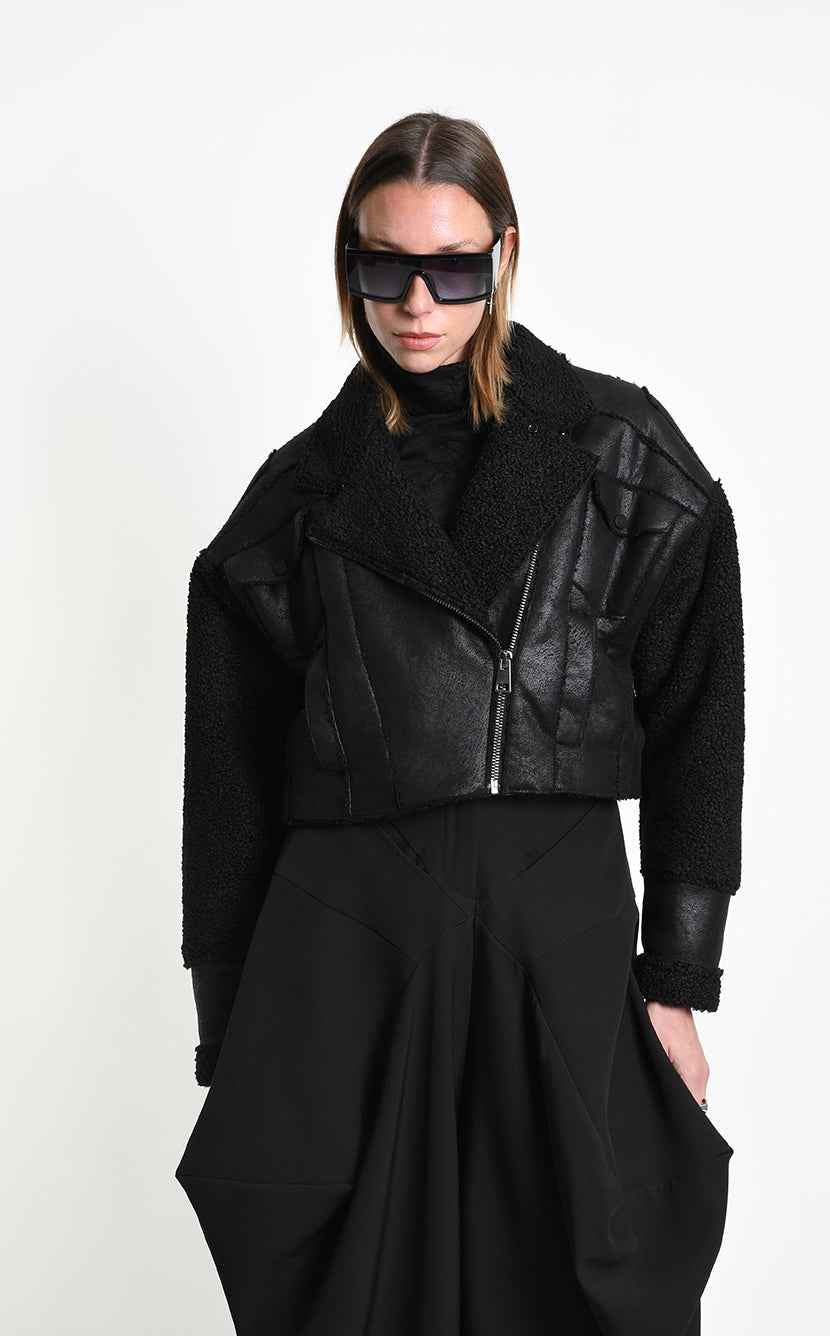 4P W5523 SPORT JACKET Over Crop Faux Sheepskin Doubleface & Faux Fur Black