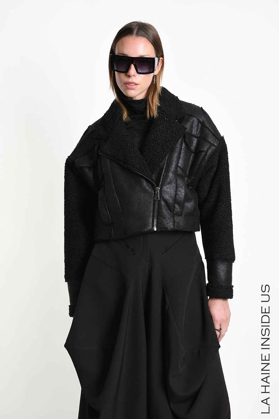 4P W5523 SPORT JACKET Over Crop Faux Sheepskin Doubleface & Faux Fur Black