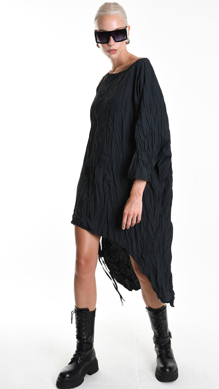 A34R W504425 DRESS Asymmetric Cotton Organic Crumpled Black