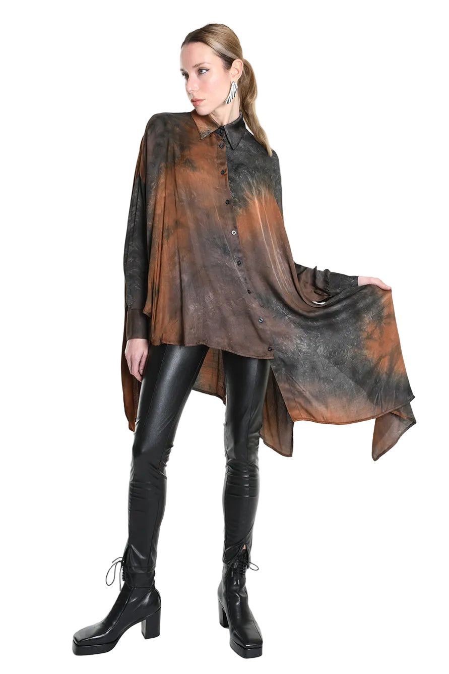 4R W5160 Shirt - Black Over Asymmetric Satin Dyed Removable Sash Italian Women's - TEPHRA