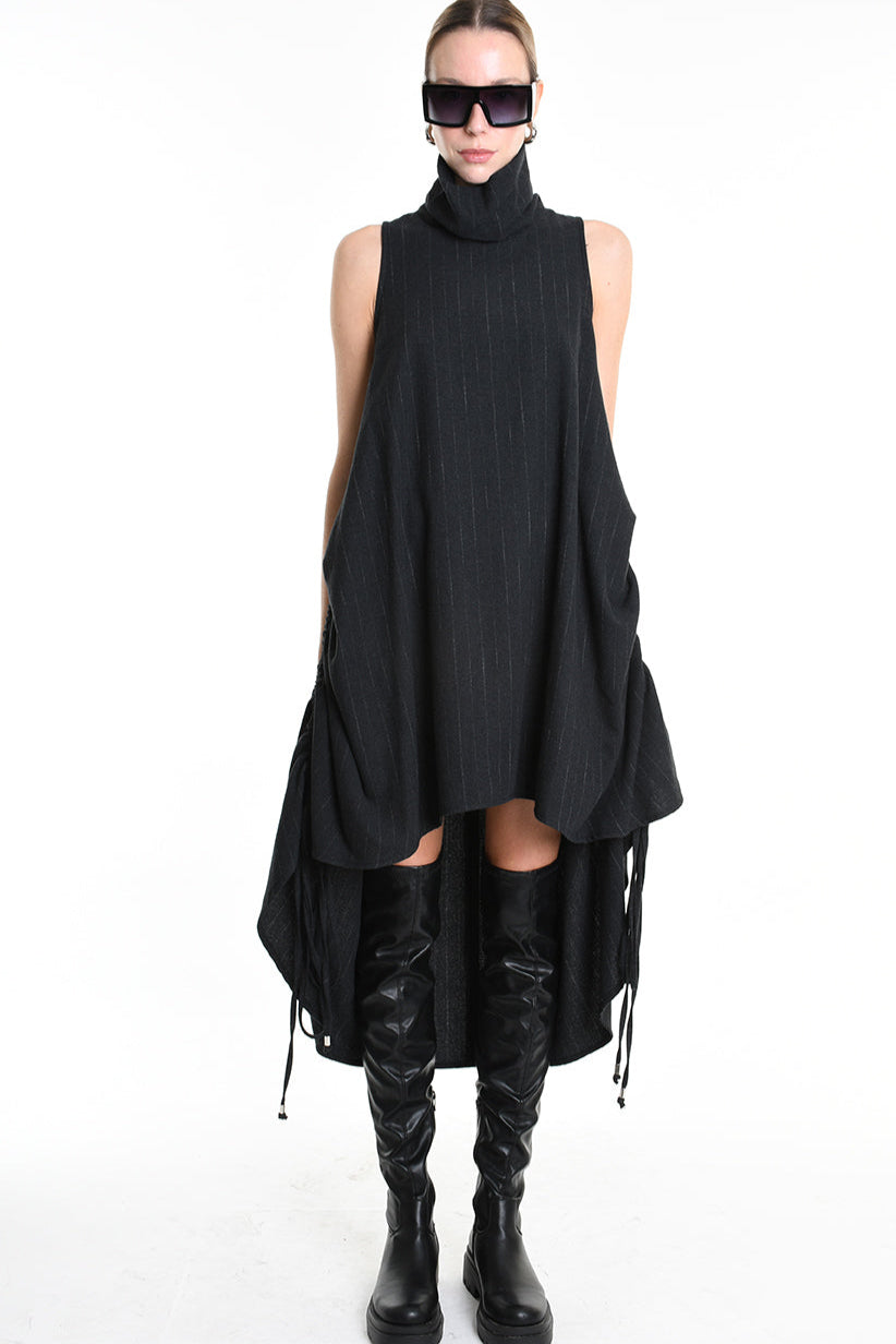 4R W5175 DRESS Over Asymmetric Flannel Pinstripe Black LA HAINE INSIDE US