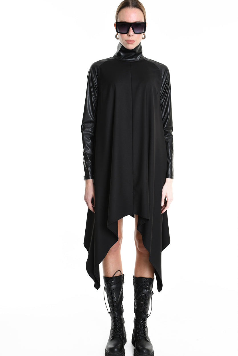4R W5178 DRESS Asymmetric Fluid & Faux Leather Black LA HAINE INSIDE US