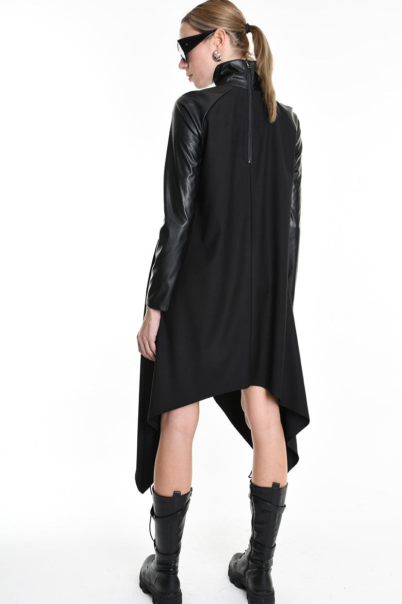 4R W5178 DRESS Asymmetric Fluid & Faux Leather Black LA HAINE INSIDE US