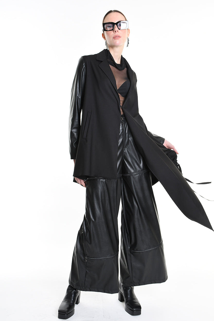 4R W5179 ASYMMETRICAL BLAZER in Fluid Fabric & Eco-Leather Black LA HAINE INSIDE US