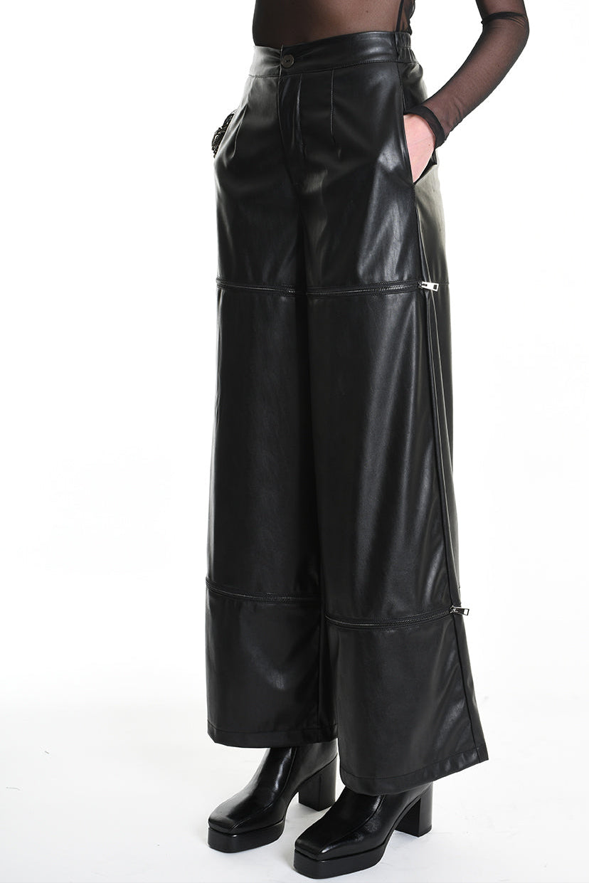 4R W5182 TROUSER Wide Fit Faux Leather Stretch Black WOMAN LA HAINE INSIDE US