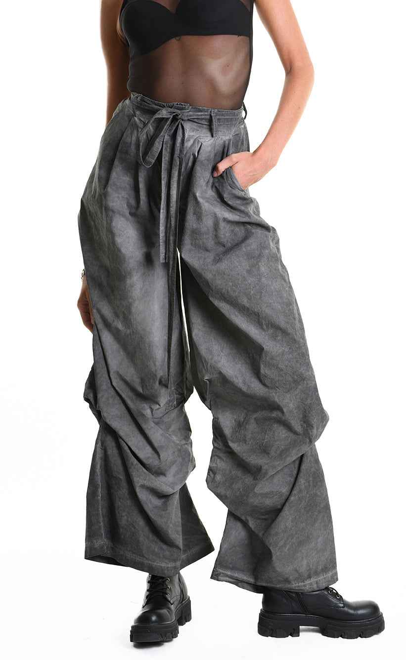 4R W5380 Trousers - Grey Palazzo Garment Dyed Cotton Gabardine Front Pleats Removable Sash Italian Women's