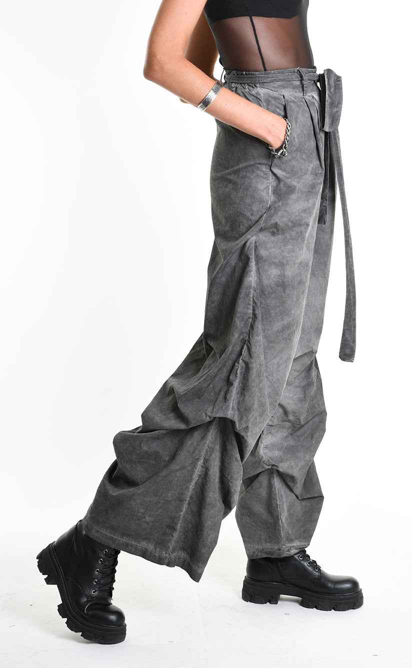 4R W5380 Trousers - Grey Palazzo Garment Dyed Cotton Gabardine Front Pleats Removable Sash Italian Women's