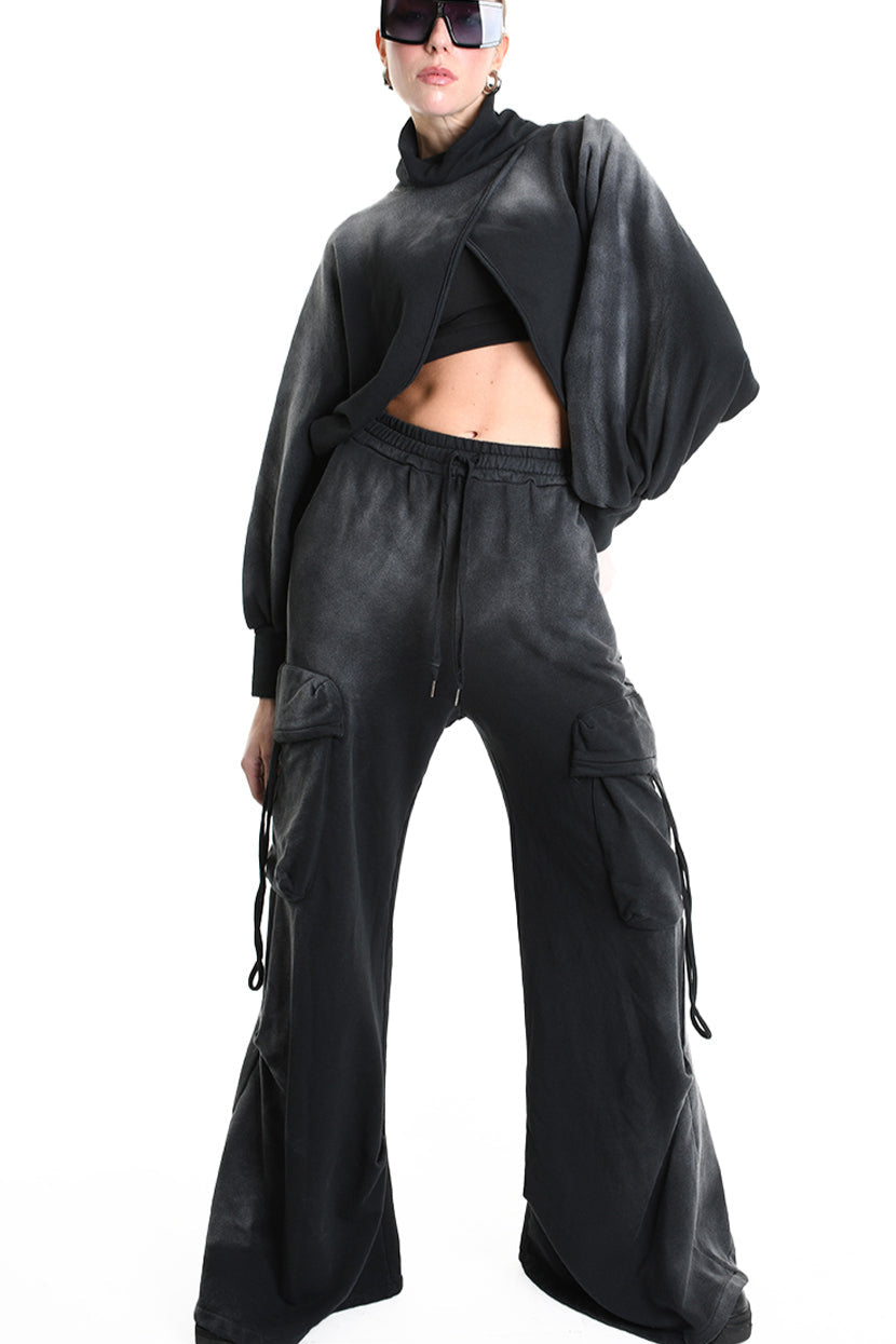 4V W5226 SWEATER Fleece Crop Chorosive Treatment Black LA HAINE INSIDE US