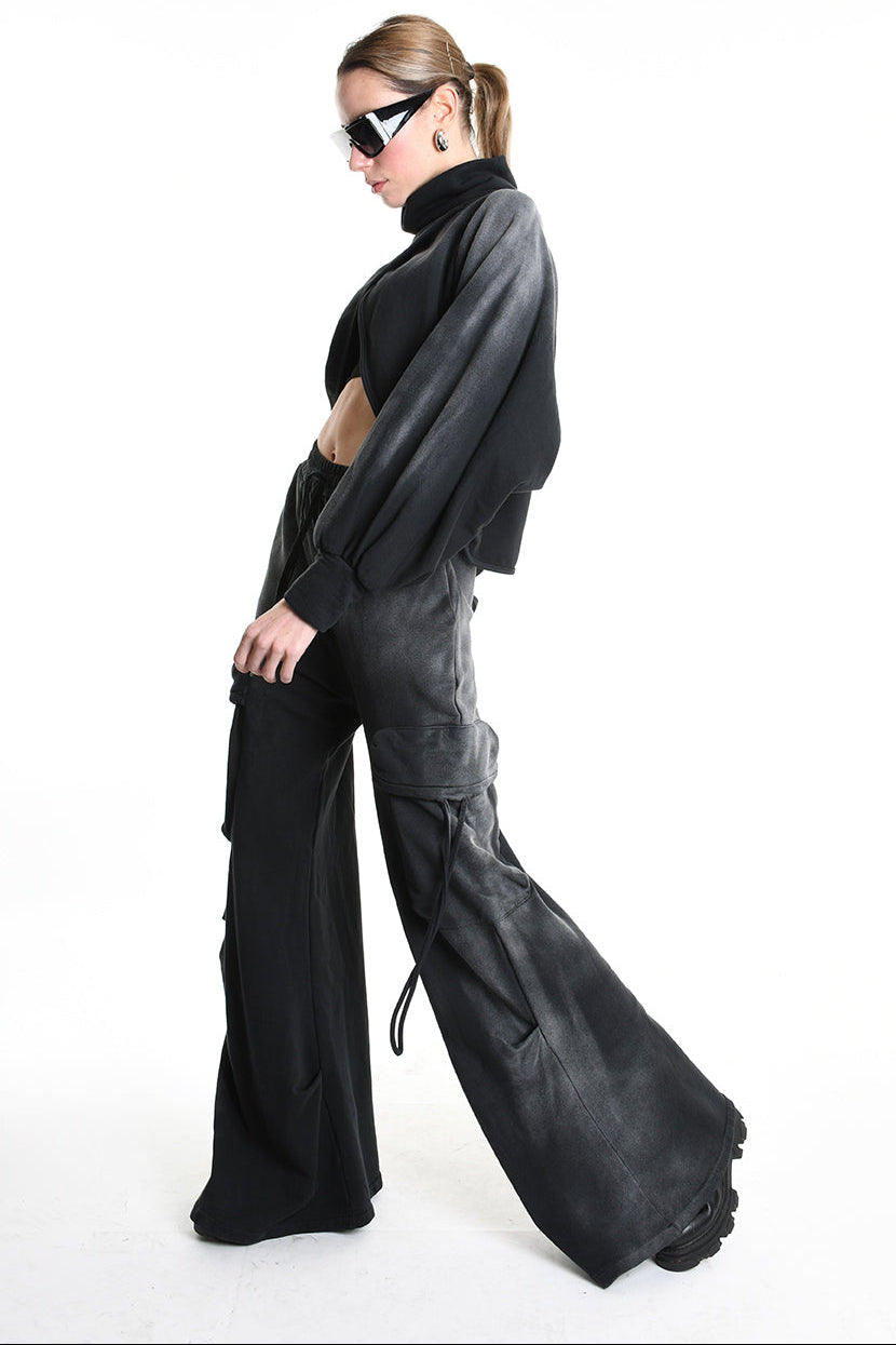 4V W5226 SWEATER Fleece Crop Chorosive Treatment Black LA HAINE INSIDE US