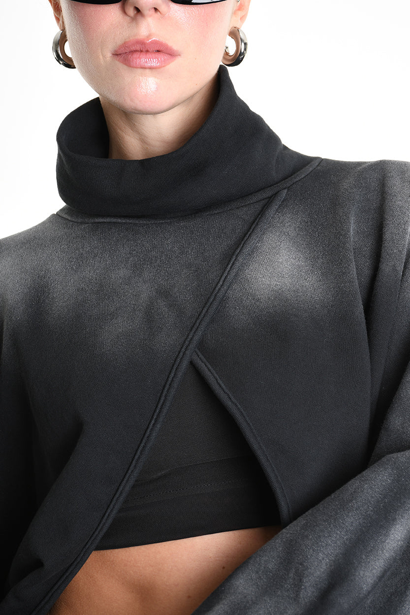 4V W5226 SWEATER Fleece Crop Chorosive Treatment Black LA HAINE INSIDE US