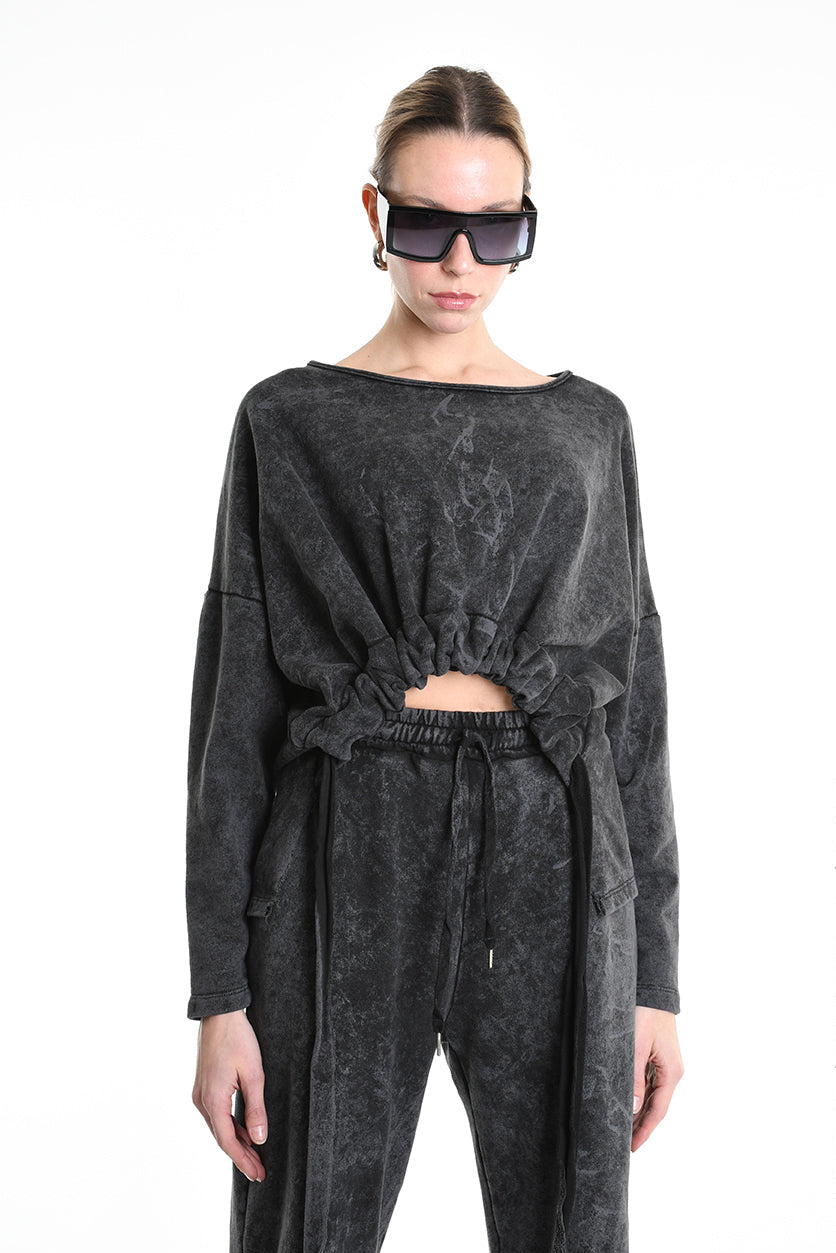 4V W5228 SWEATER Crop Fleece Dyed Marmoryzed Black LA HAINE INSIDE US