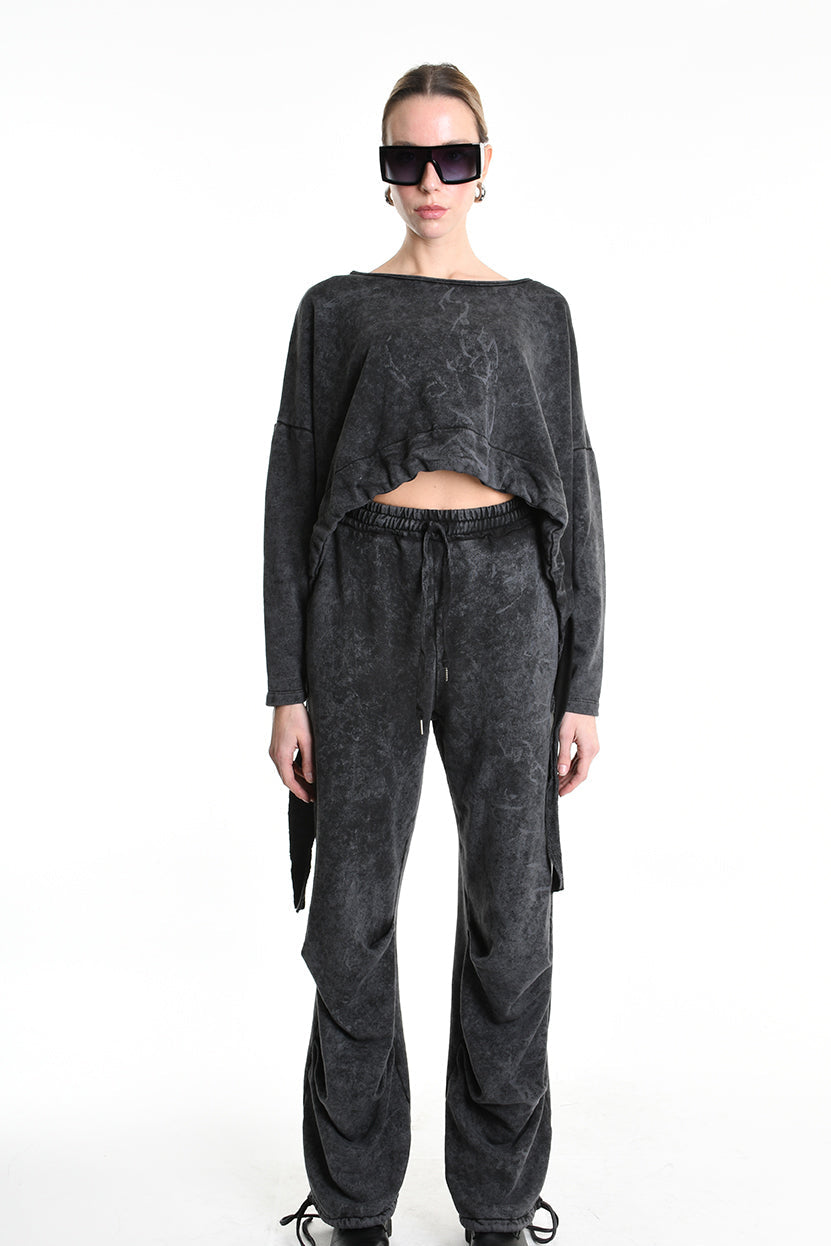 4V W5228 SWEATER Crop Fleece Dyed Marmoryzed Black LA HAINE INSIDE US