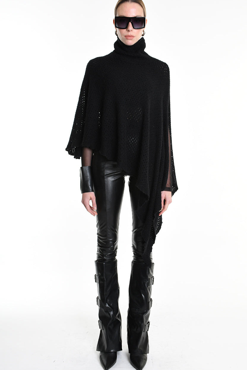 4V W5244 ASYMMETRICAL PONCHO in Mohair-Blend Mesh Black LA HAINE INSIDE US