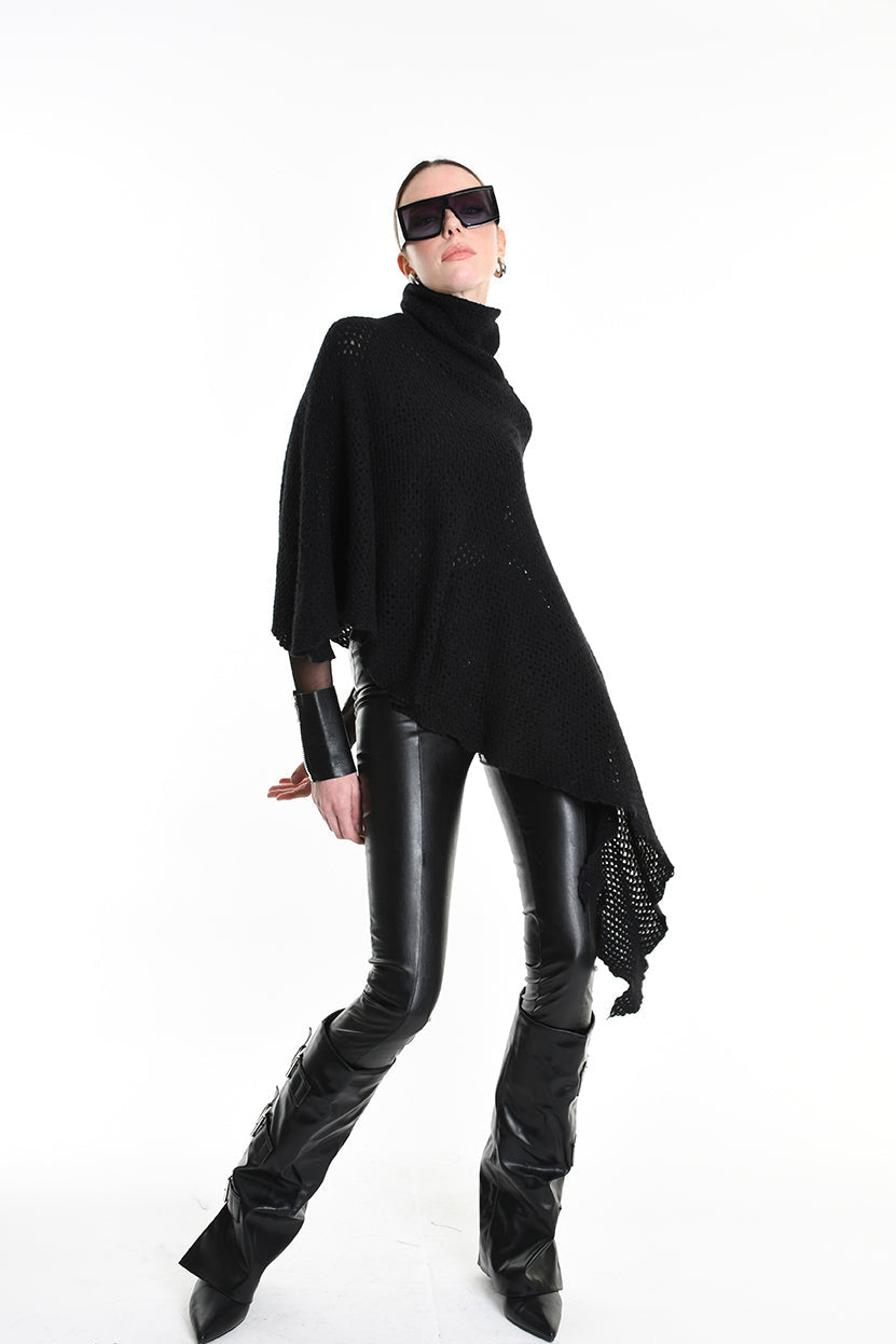 4V W5244 ASYMMETRICAL PONCHO in Mohair-Blend Mesh Black LA HAINE INSIDE US