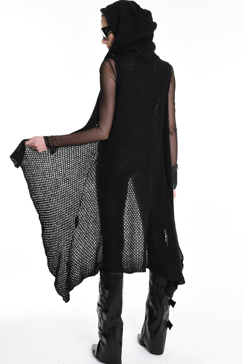 4V W5245 SLEEVELESS ASYMMETRICAL CARDIGAN in Mohair-Blend Mesh Black LA HAINE INSIDE US
