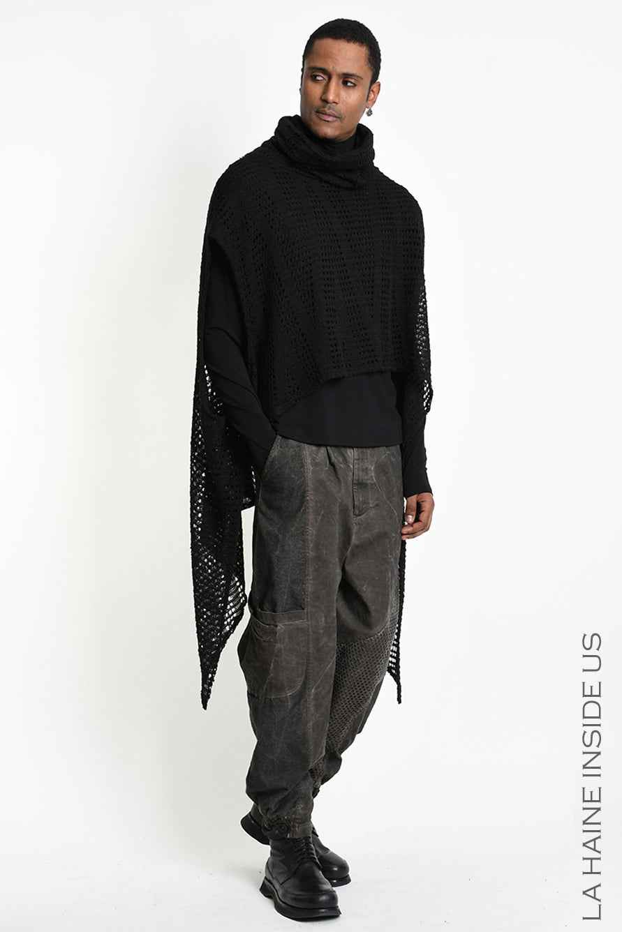 4V W5407 Maxi Sweater - Black Asymmetrical Poncho Mohair Blend Mesh Oversized Double Collar Unisex Made in Italy